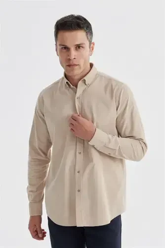 Bej Comfort Fit Düğmeli Yaka %100 Pamuklu Kadife Gömlek - 3