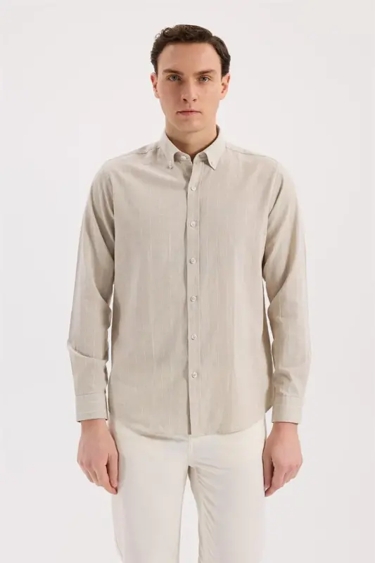 Bej Comfort Fit Düğmeli Yaka Pamuklu Gömlek - 1