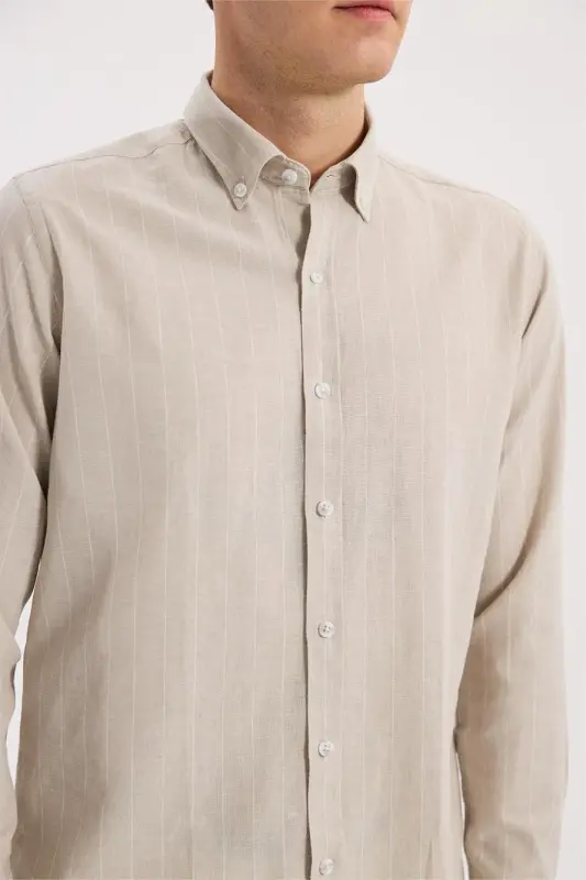 Bej Comfort Fit Düğmeli Yaka Pamuklu Gömlek - 3