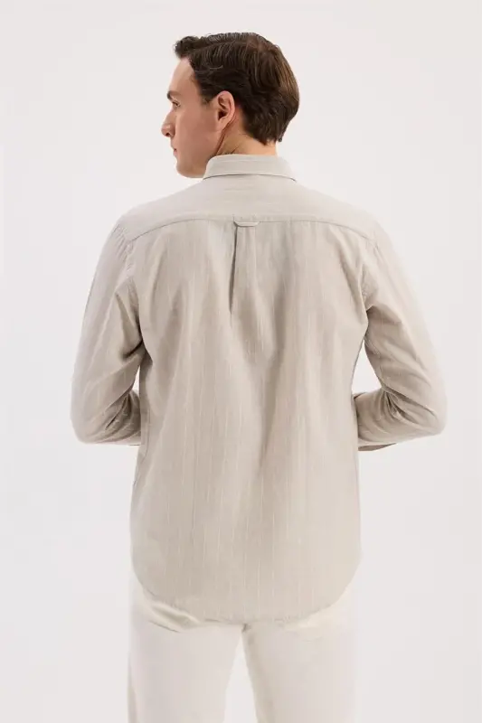 Bej Comfort Fit Düğmeli Yaka Pamuklu Gömlek - 4