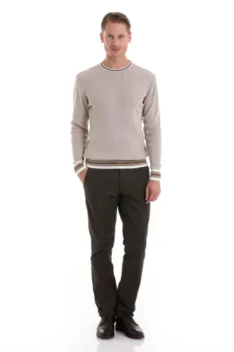 Bej Comfort Fit Düz Pamuklu Bisiklet Yaka Casual Triko Kazak-Bej - HATEMOĞLU (1)