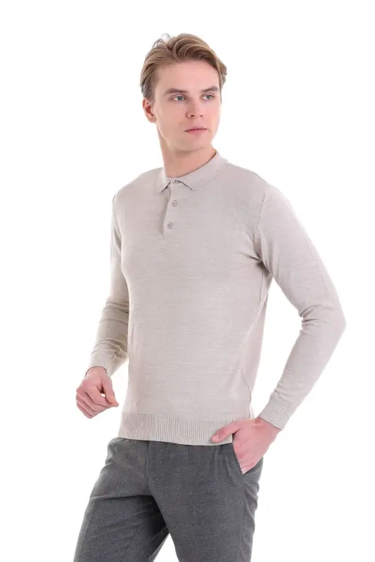 Bej Comfort Fit Düz Polo Yaka Yünlü Yün Kazak-Bej - 2