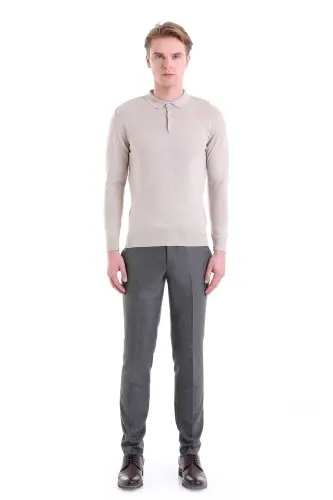 Bej Comfort Fit Düz Polo Yaka Yünlü Yün Kazak-Bej - 3