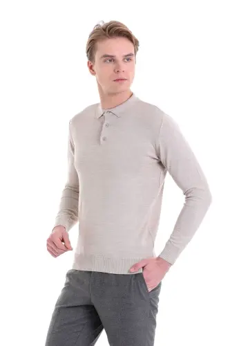 Bej Comfort Fit Düz Polo Yaka Yünlü Yün Kazak-Bej - HATEMOĞLU (1)