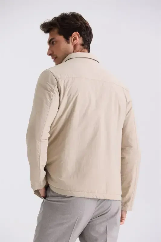 Bej Comfort Fit Gömlek Yaka Mevsimlik Mont - 4