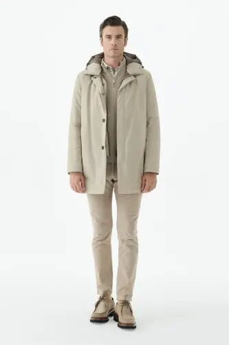 Bej Comfort Fit Kapüşonlu Mont - 1