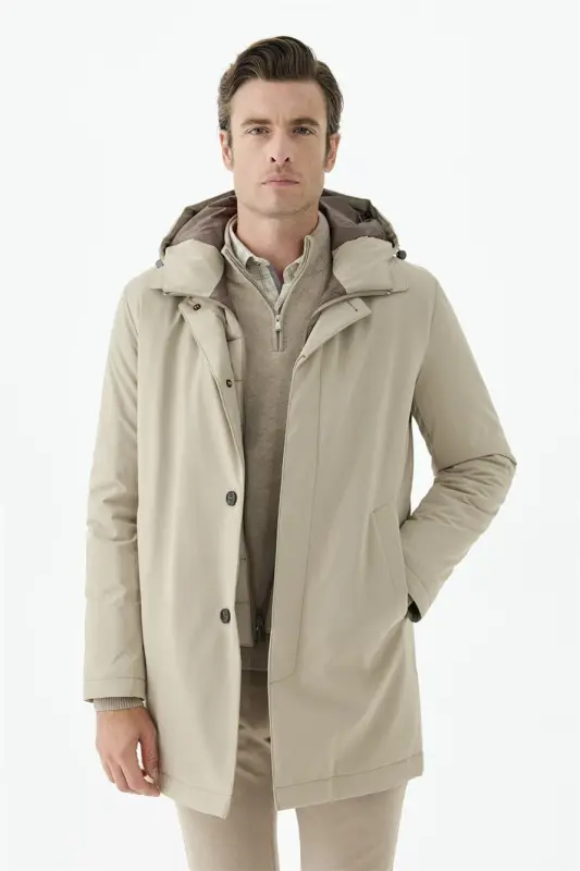 Bej Comfort Fit Kapüşonlu Mont - 2