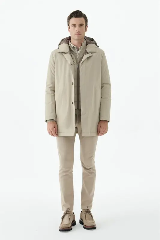 Bej Comfort Fit Kapüşonlu Mont - 3