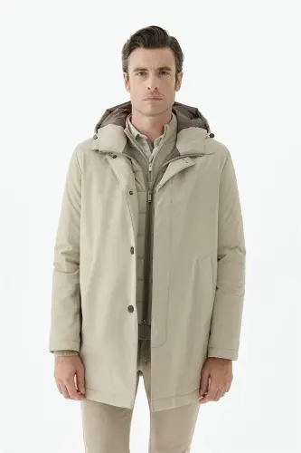 Bej Comfort Fit Kapüşonlu Mont - 4