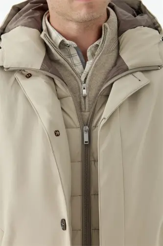 Bej Comfort Fit Kapüşonlu Mont - 5