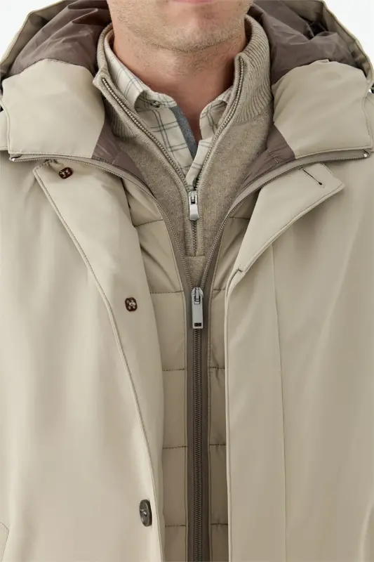 Bej Comfort Fit Kapüşonlu Mont - 5