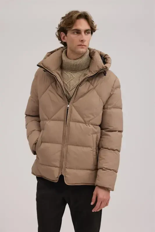 Bej Comfort Fit Kapuşonlu Şişme Mont - 1