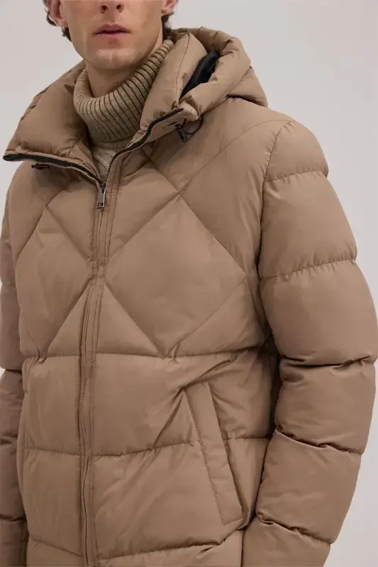 Bej Comfort Fit Kapuşonlu Şişme Mont - 3