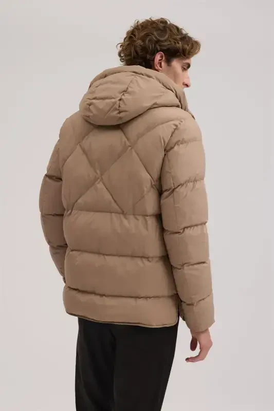 Bej Comfort Fit Kapuşonlu Şişme Mont - 4