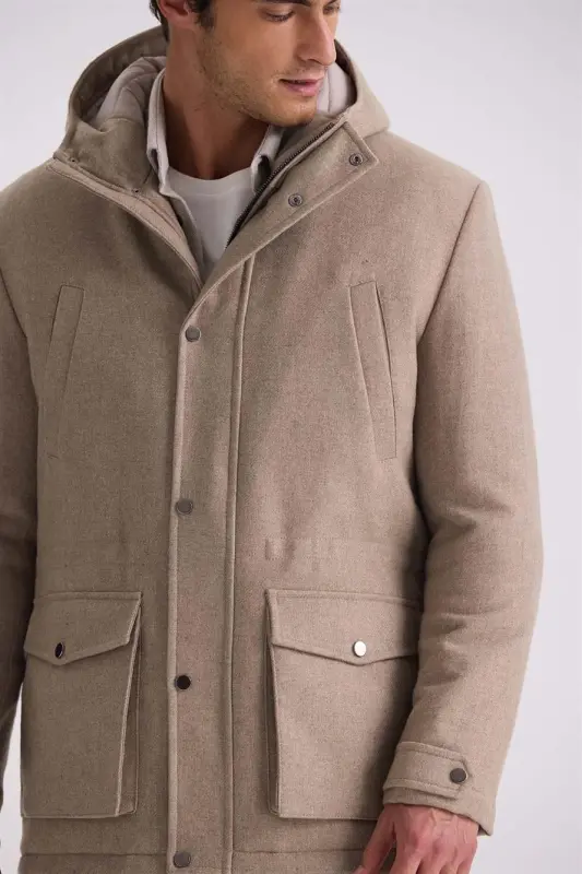 Bej Comfort Fit Kapüşonlu Yünlü Mont - 3