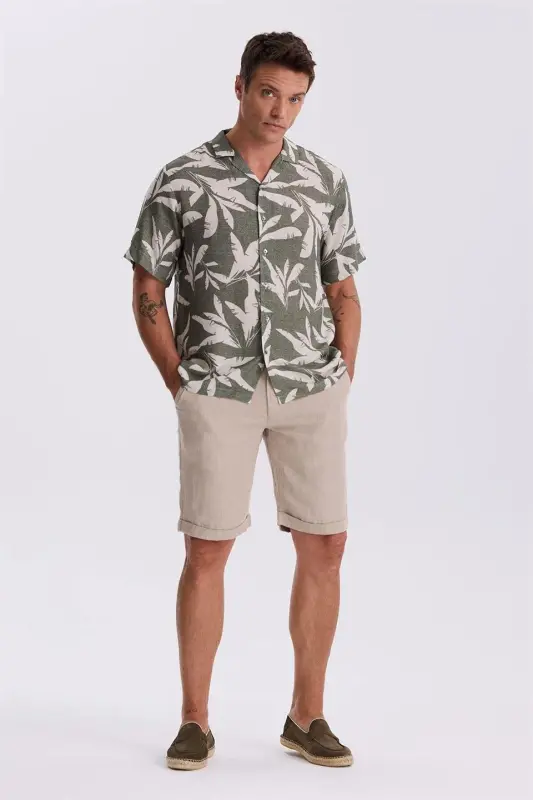 Bej Comfort Fit Keten Dokulu Rahat Kesim Duble Paça Şort - 2