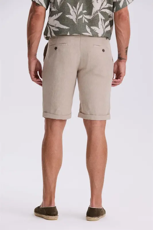 Bej Comfort Fit Keten Dokulu Rahat Kesim Duble Paça Şort - 4