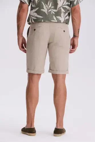 Bej Comfort Fit Keten Dokulu Rahat Kesim Duble Paça Şort - 4