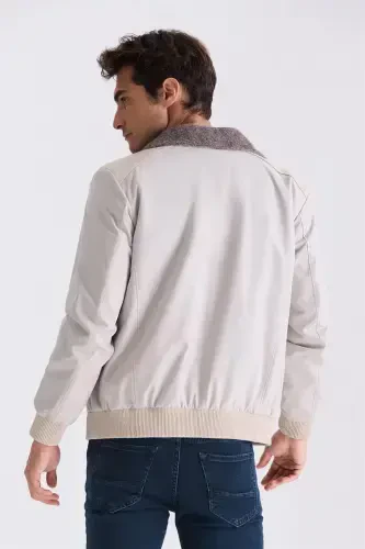 Bej Comfort Fit Mo'ynali Yoqa Old tomoni fermuarli Tabiiy charm detallari bo'lgan Palto - 4