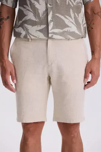 Bej Comfort Fit Pamuklu Rahat Kesim Keten Dokulu Şort - JAKAMEN (1)