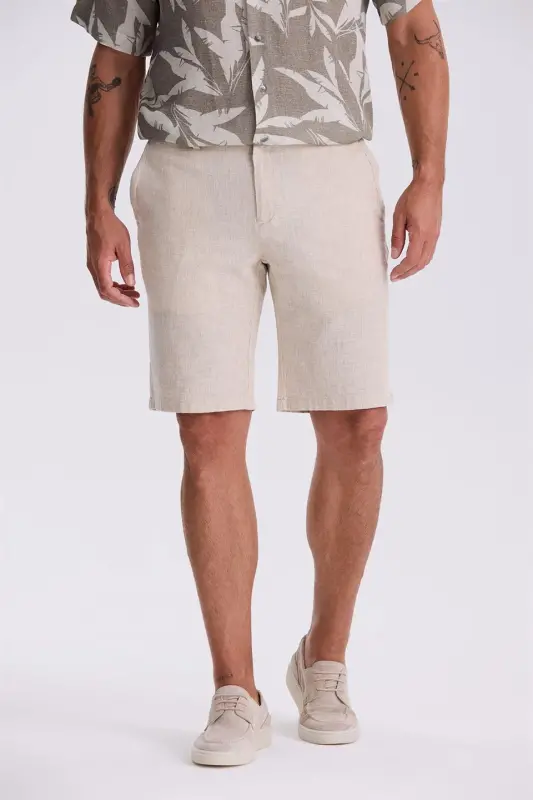 Bej Comfort Fit Pamuklu Rahat Kesim Keten Dokulu Şort - 3