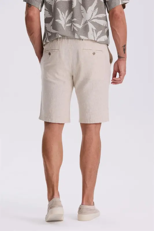 Bej Comfort Fit Pamuklu Rahat Kesim Keten Dokulu Şort - 4