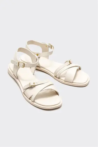 Bej Deri Kadın Düz Sandalet - Bej - ELLE SHOES (1)