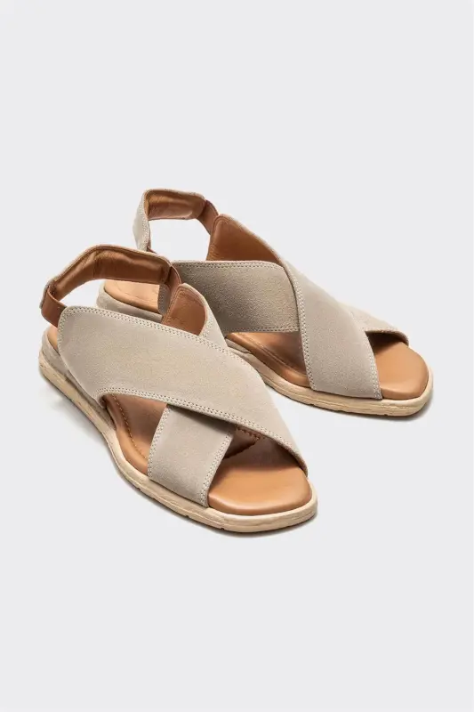 Bej Deri Kadın Düz Sandalet-Bej - 2