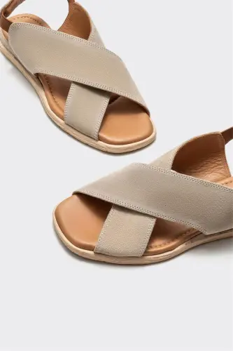 Bej Deri Kadın Düz Sandalet-Bej - 3