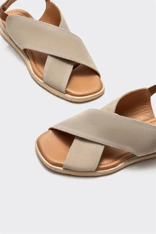 Bej Deri Kadın Düz Sandalet-Bej - 3