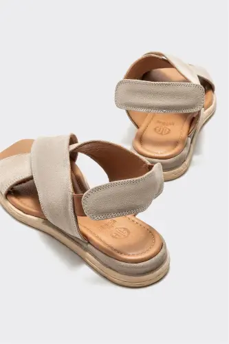 Bej Deri Kadın Düz Sandalet-Bej - 4