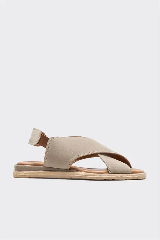 Bej Deri Kadın Düz Sandalet - Bej - ELLE SHOES