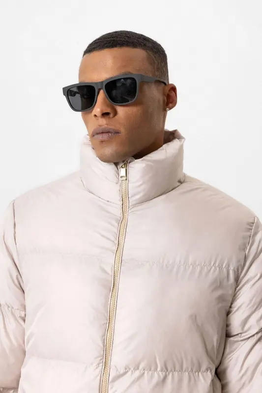 Bej Dik Yaka Kauçuk Şişme Mont-Bej - 4