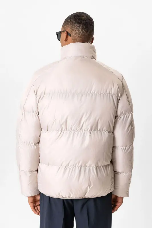 Bej Dik Yaka Kauçuk Şişme Mont-Bej - 5