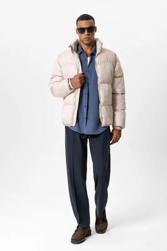 Bej Dik Yaka Kauçuk Şişme Mont-Bej - 2