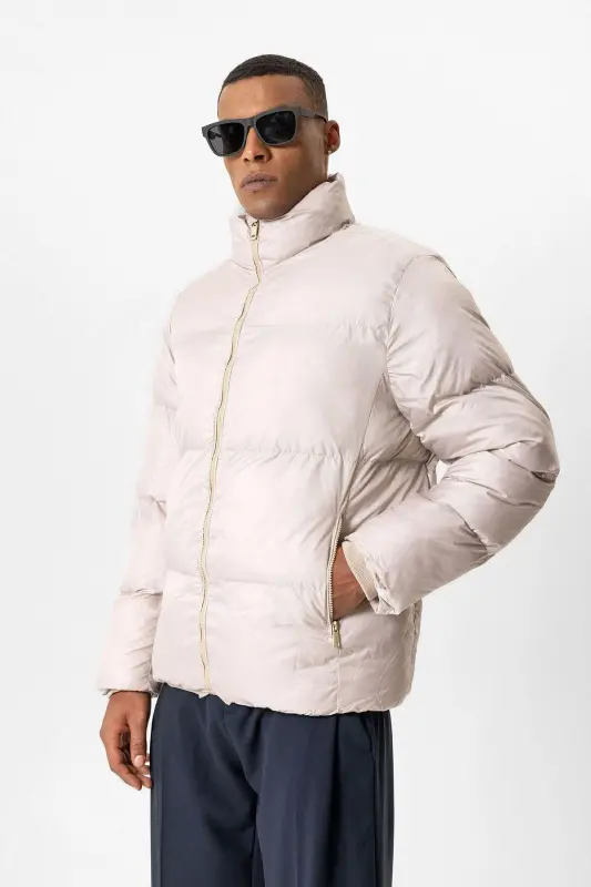 Bej Dik Yaka Kauçuk Şişme Mont-Bej - 3