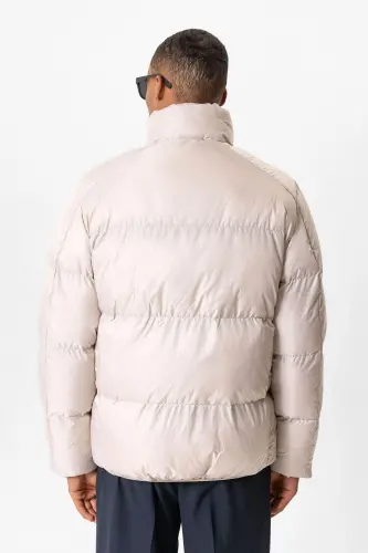 Bej Dik Yaka Kauçuk Şişme Mont-Bej - 5