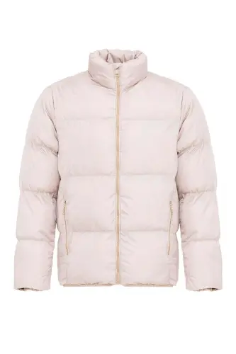 Bej Dik Yaka Kauçuk Şişme Mont-Bej - 6