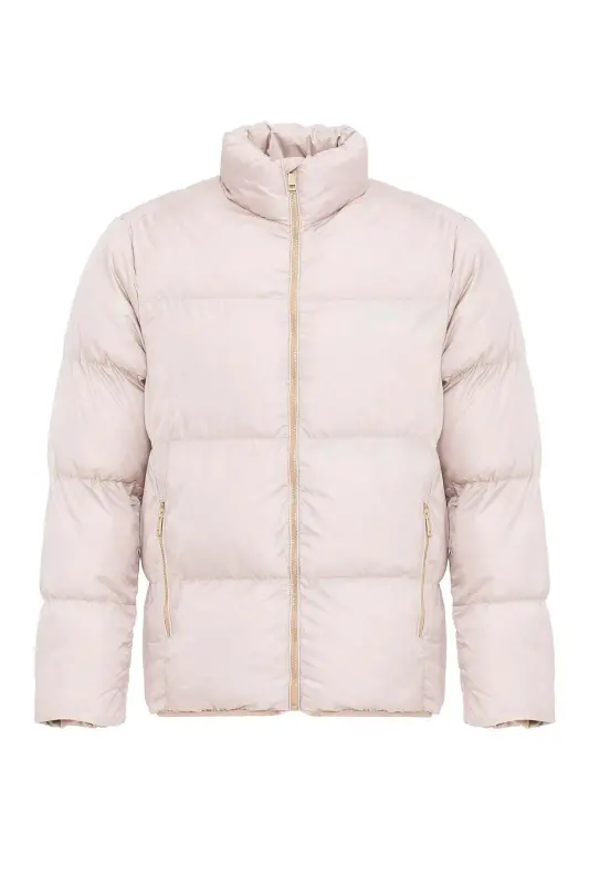 Bej Dik Yaka Kauçuk Şişme Mont-Bej - 6