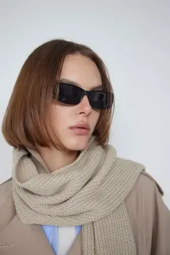 Bej Düz Örgülü Triko Atkı-Bej - 1