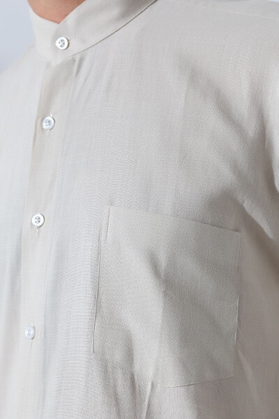 Bej Erkek Bol Kesim Tek Cepli Hakim Yaka Hac ve Umre Keten Gömlek-Bej - 4