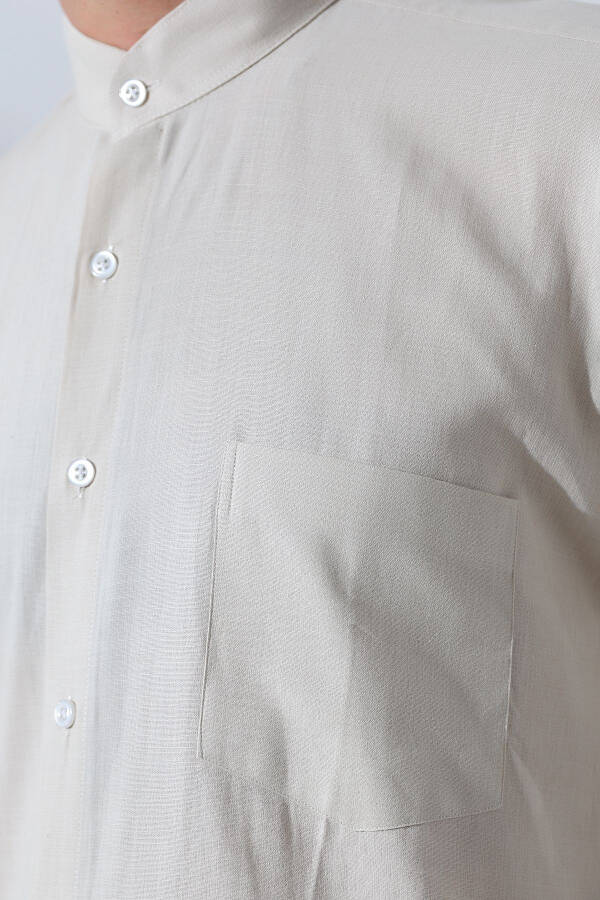 Bej Erkek Bol Kesim Tek Cepli Hakim Yaka Hac ve Umre Keten Gömlek-Bej - 4