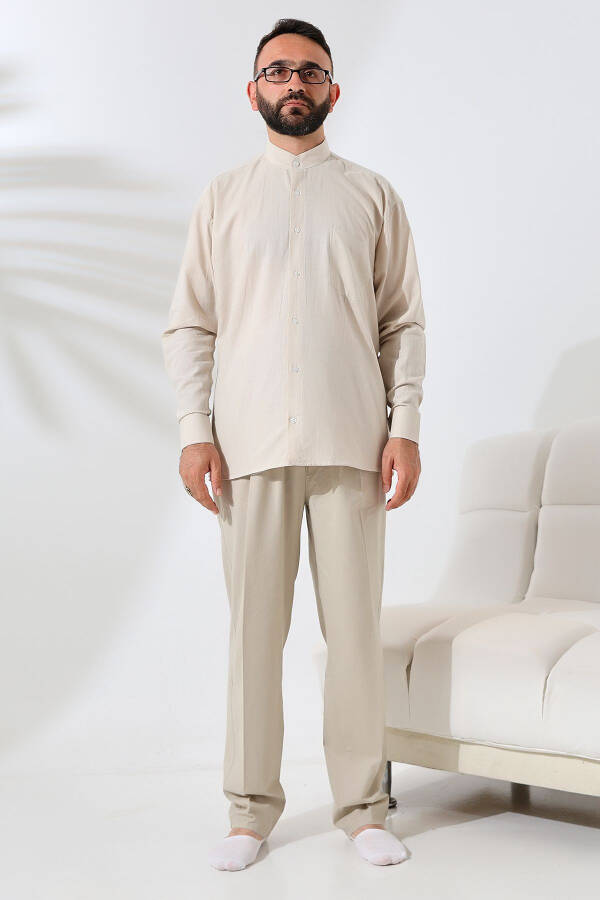 Bej Erkek Bol Kesim Tek Cepli Hakim Yaka Hac ve Umre Keten Gömlek-Bej - 5