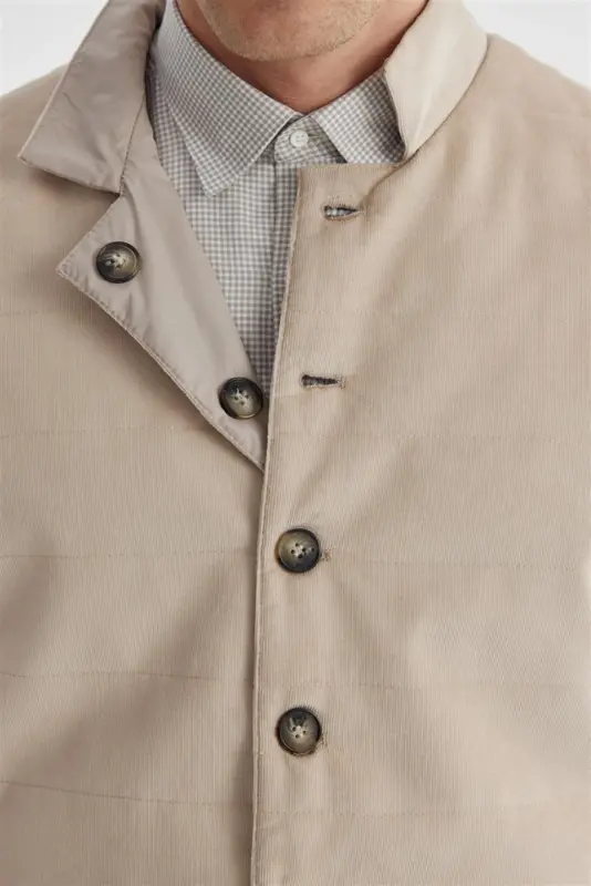 Bej Hakim Yaka Çift Taraflı Slim Fit Yelek - 3