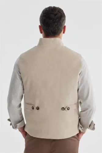 Bej Hakim Yaka Çift Taraflı Slim Fit Yelek - 4