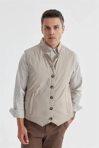 Bej Hakim Yaka Çift Taraflı Slim Fit Yelek - 5