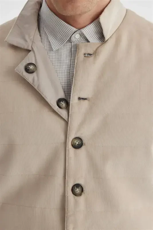 Bej Hakim Yaka Çift Taraflı Slim Fit Yelek - 3