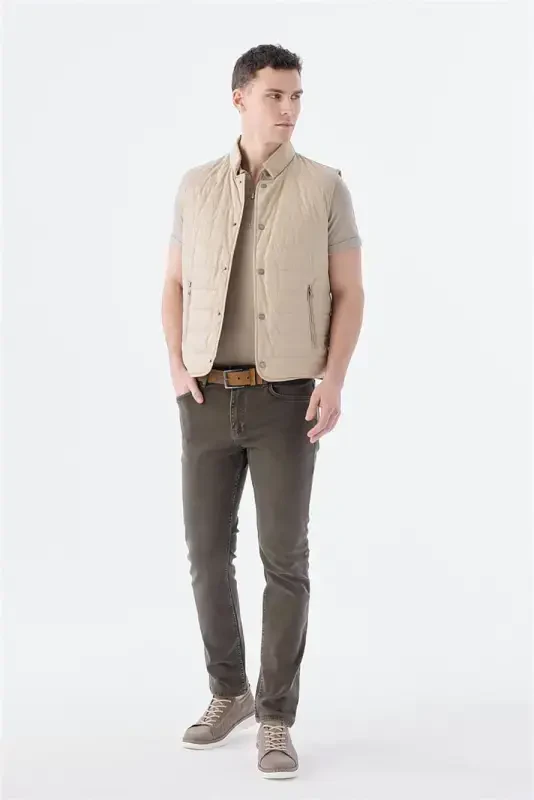 Bej Hakim Yaka Elyaflı Slim Fit Yelek - 2