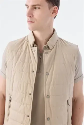 Bej Hakim Yaka Elyaflı Slim Fit Yelek - 3