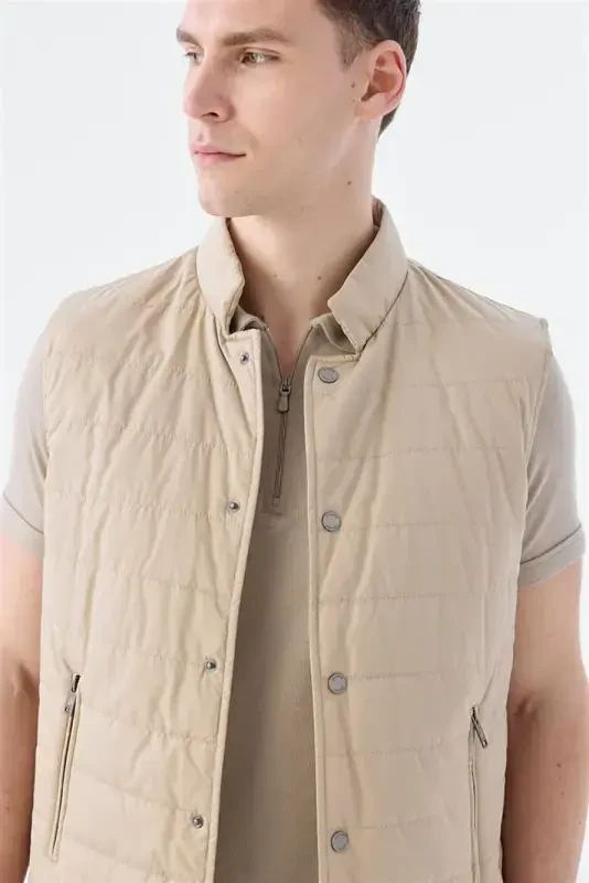 Bej Hakim Yaka Elyaflı Slim Fit Yelek - 3